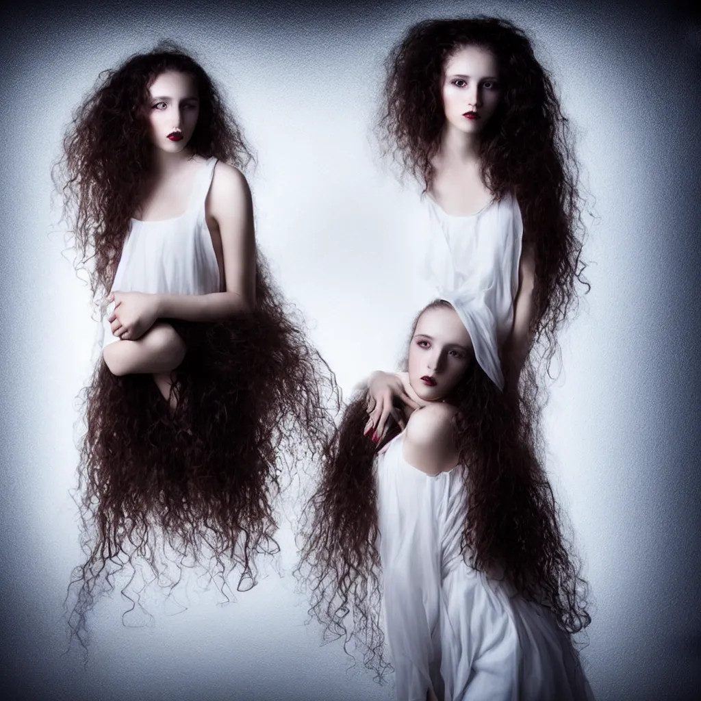 Image similar to a young woman with long curly hair, dressed in long white, light painting in style of Paolo Roversi, professional studio lighting, dark background, hyper realistic photography, fashion magazine style
