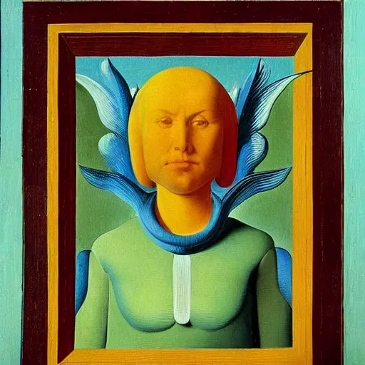 Image similar to Portrait of an elegant cosmic robotic angel. Painting by Jan van Eyck, Audubon, Rene Magritte, Agnes Pelton, Max Ernst, Walton Ford