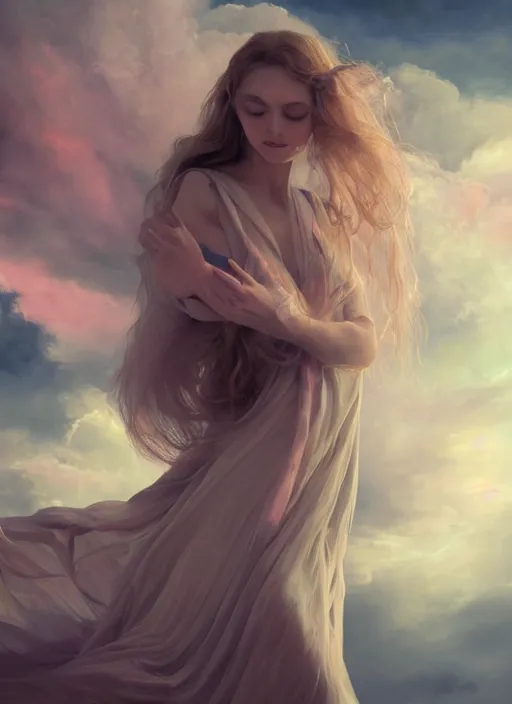 Prompt: painting of a mystical floating being made out of clouds and floating ribbons, full body, beautiful female face, spectrum colours, angelic, epic realistic, raphaelites, baroque, renaissance, cinematic light, hyper detailed, 8 k, volumetric, octane render