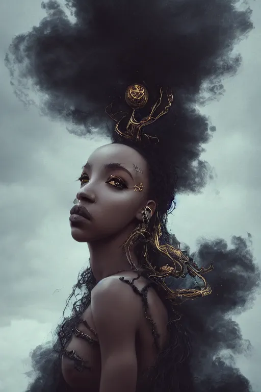 Image similar to a photorealistic portrait of tinashe as mysterious dark goddess of death, realism, clouds, swirling fabric, elaborate ornate growth, gilded relief, trending on artstation, by alessio albi