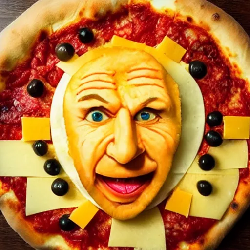 Image similar to a photo of a saul goodman face made of cheese in a pizza, food photo, professional food photo, iphone, 4 k