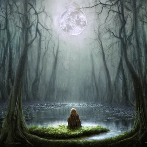 Image similar to highly realistic scenic painting of a towering misty dark fantasy forest surrounding a pond, a rusalka sits on the roots of an ancient tree looking up at the moon, spooky fog, scary forest, fantasy painting hd