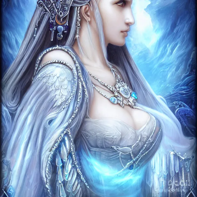 Prompt: perfectly centered close up portrait, goddess of ice, candid photography, by anne stokes, highly detailed, character concept