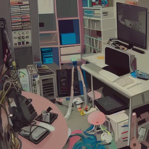 Prompt: a messy dirty Otaku's bedroom full of computers wires and strings