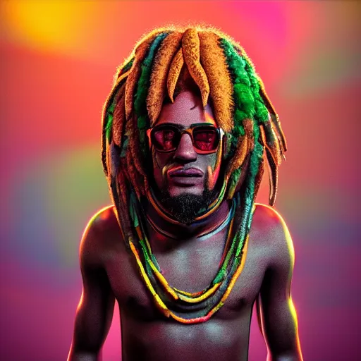 Prompt: photorealistic humanoid rasta banana. hyperdetailed photorealism, 1 0 8 megapixels, amazing depth, glowing rich colors, powerful imagery, psychedelic overtones, 3 d finalrender, 3 d shading, cinematic lighting, artstation concept art