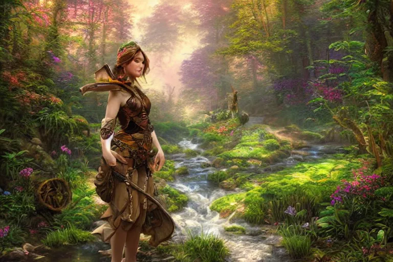 Prompt: a beautiful female fantasy dnd ranger standing by a stream in a lush valley, fine digital art, extreme detail, highly complex, very intricate, volumetric lighting, by Thomas Kinkade and Mucha