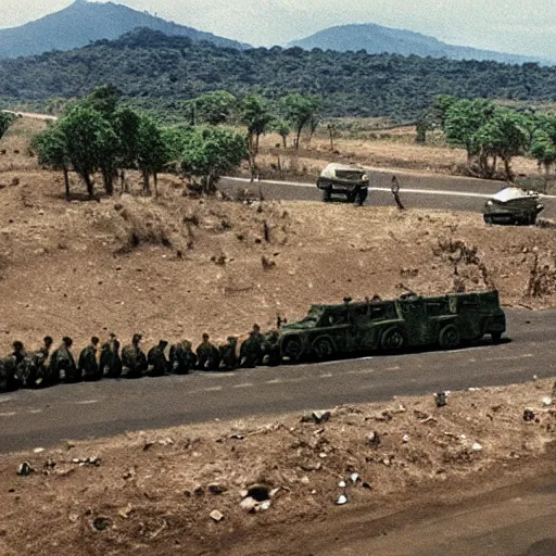 Prompt: film still, French Military convoy in 1994 Rwanda génocide