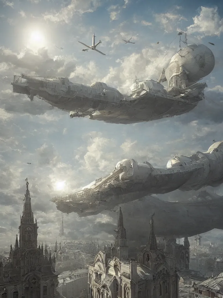 Image similar to a large dieselpunk airship is standing in the air over a splendid white church in russia, full morning sun, matte painting by greg rutkowski, james gurney