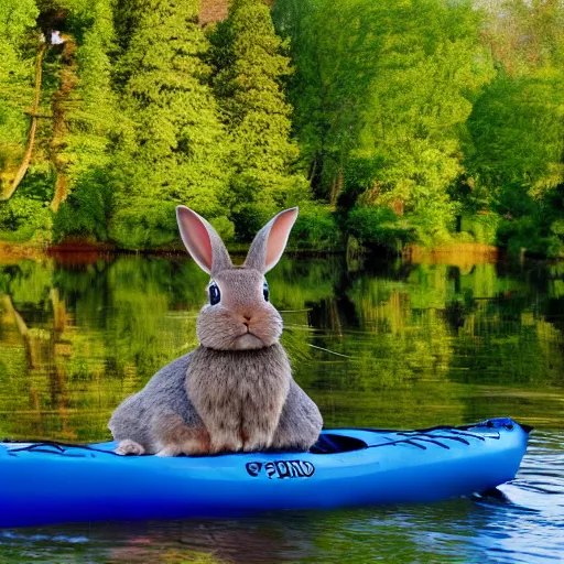 Image similar to a rabbit posing with a kayak next to a calm swedish river, 4k photorealistic