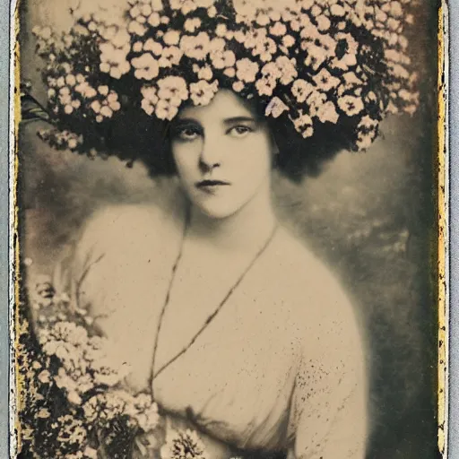 Image similar to portrait of a beautiful woman covered in flowers, 1910 polaroid photography,