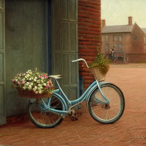 Prompt: a baby blue bike with a flower basket and white tires standing sideways next to a brick red wall, centered, matte painting, dusk, fashion, by rozalski and peter ilsted, artstation