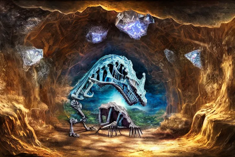 Image similar to dinosaur skeleton in a crystal geode ((in a crystal geode))(((in a crystal geode))), matte-painting