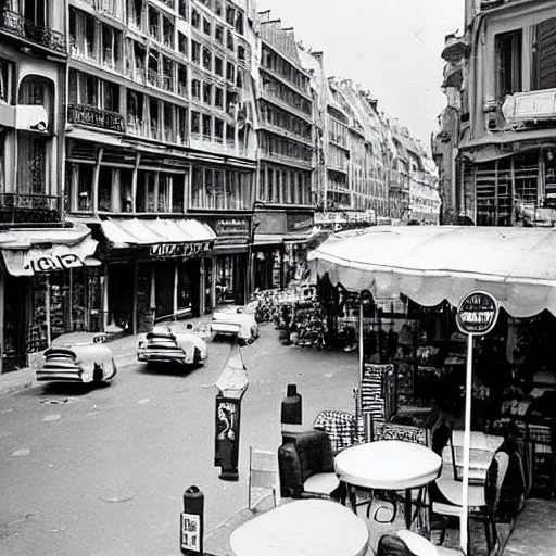 Prompt: une rue de paris vide avec des voitures garees, un restaurant avec une terrasse, des boutiques avec des neons, en debut de matinee en 1 9 5 5