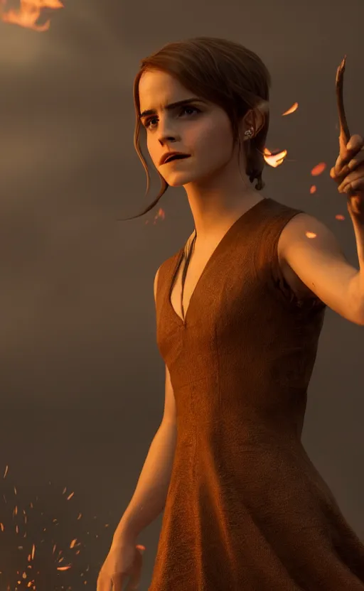 Image similar to Emma Watson casting a fire spell. Character designt trending on gsociety. 4k. Moody light.