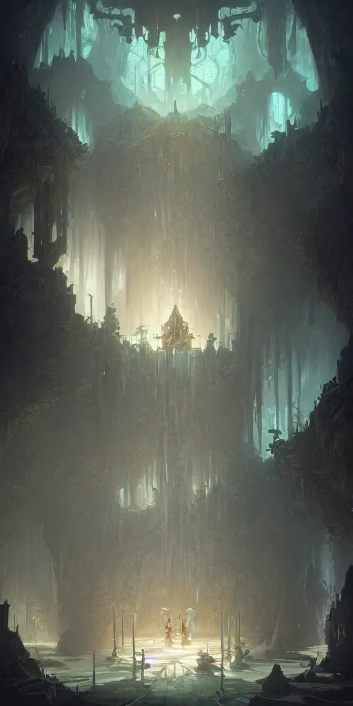 Image similar to Detailed Interior of the Drowned temple, shattering walls, creeping gloom, light shafts, the glowing throne, stunning atmosphere, in Style of Peter Mohrbacher, cinematic lighting