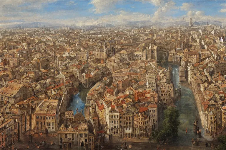 Prompt: birds view of an old european city, oil paining, very detailed, high resolution