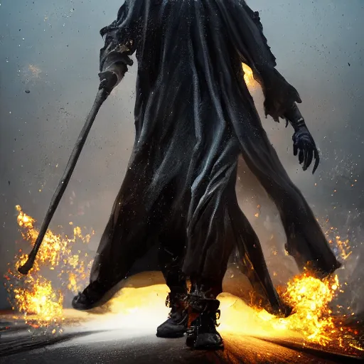 Image similar to full body pose, hyperrealistic mixed media painting of the grim reaper, dim volumetric lighting, 8 k, octane beautifully detailed render, extremely hyper detailed, intricate, epic composition, cinematic lighting, masterpiece, trending on artstation, very very detailed, masterpiece, stunning, hdr, smooth, sharp focus, high resolution, award, winning photo, dslr, 5 0 mm