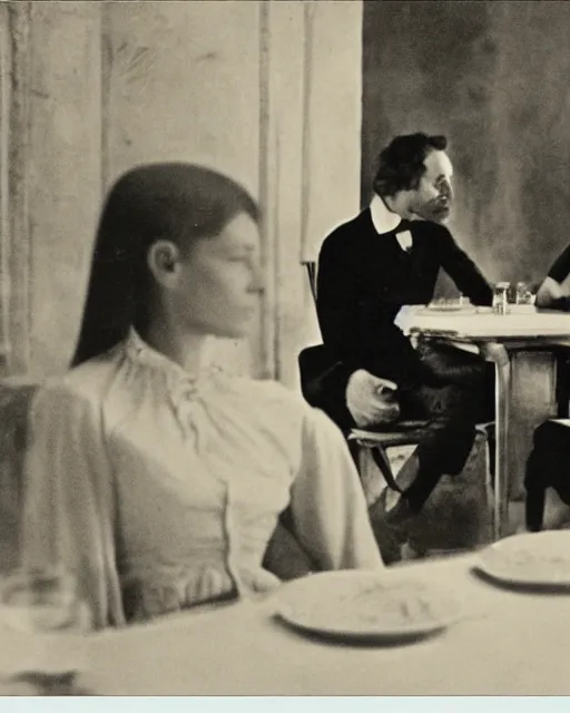 Prompt: a man and a woman sitting at a table, a screenshot by jean fautrier and by leila faithfull and by pierre roy, trending on pinterest, barbizon school, movie still, hall of mirrors, filmic