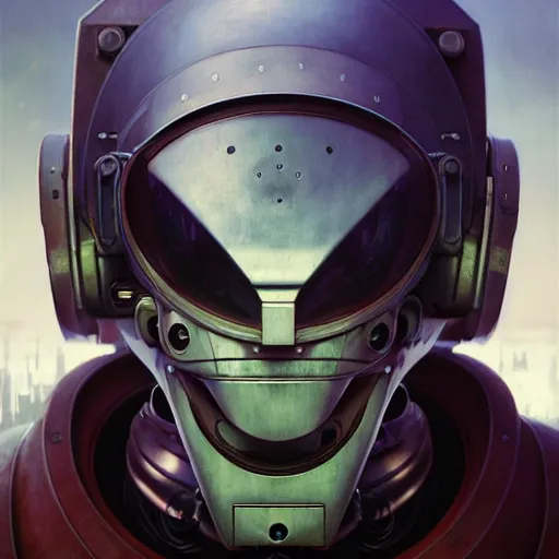 Image similar to a expressive portrait of masked diesel punk robot in dramatic lighting, depth of field background, artstation, award - winning realistic sci - fi concept art by jim burns and greg rutkowski, beksinski, a realism masterpiece, expressive color palette, james gilleard, bruegel, alphonse mucha, and yoshitaka amano