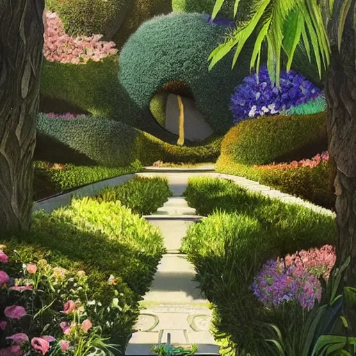 Prompt: beeple painting of a magnificent garden filled with remarkable sculptures, trees, and structures, incredible details