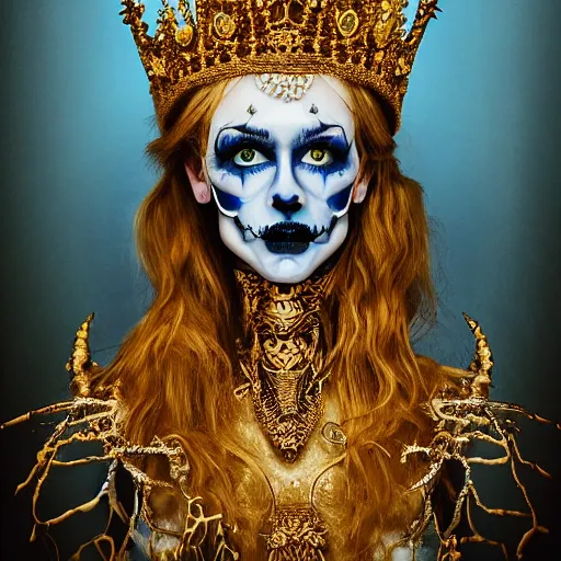 Image similar to a photograph portrait of an ornate golden queen with ice blue eyes, photo-realistic, icy, skeletal, horror