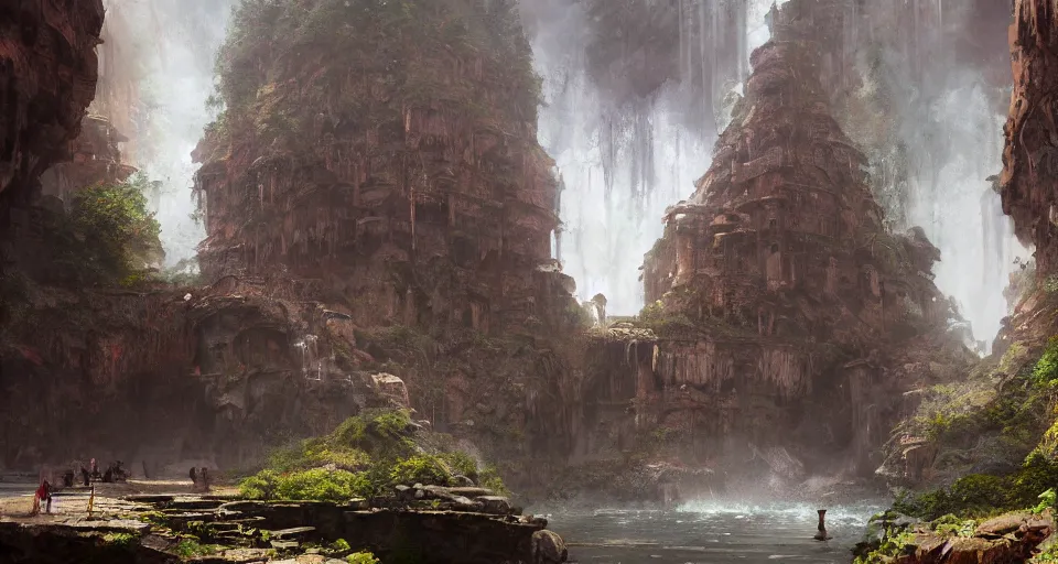 Image similar to indian ancient temple hidden in a cave waterfalls around, realistic concept art, eytan zana, one pixel brush, by eugene von guerard, ivan shishkin, dramatic lighting, concept art, trending on artstation