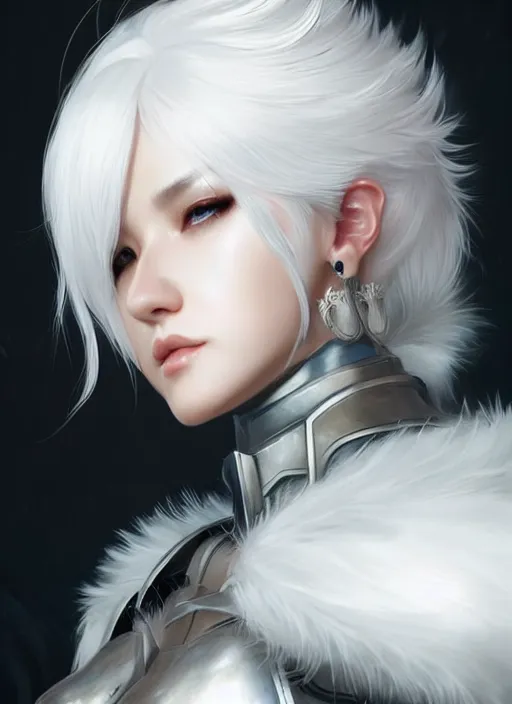 Image similar to fur - lined armor!!! beautiful and elegant white haired female!! gorgeous ayes!! character concept art, sharp focus, octane render! unreal engine 5! highly rendered!! trending on artstation!! detailed linework!! illustration by artgerm, wlop and chie yoshii