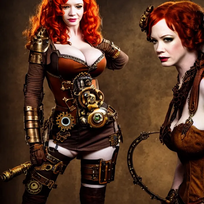 Prompt: full length photo of christina hendricks as a steampunk amazon warrior, highly detailed, 4 k, hdr, smooth, sharp focus, high resolution, award - winning photo