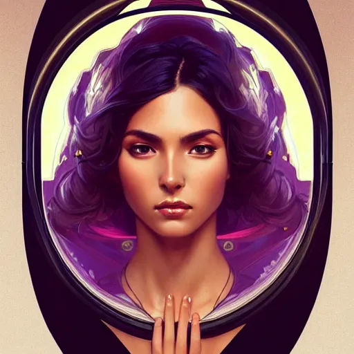 Image similar to Portrait of very very very very very very beautiful Latina woman, spacesuit, purple eyes, intricate, elegant, highly detailed, digital painting, artstation, concept art, smooth, sharp focus, illustration, art by artgerm and greg rutkowski and alphonse mucha