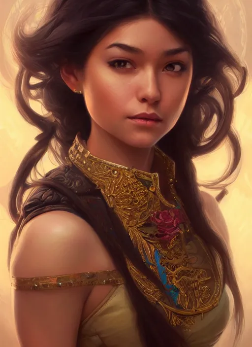 Image similar to portrait of russian mexican asian girl jodhpurs hyperborea lemuria, deep focus, d & d, fantasy, intricate, elegant, highly detailed, digital painting, artstation, concept art, matte, sharp focus, illustration, hearthstone, art by rhads by artgerm and greg rutkowski and alphonse mucha