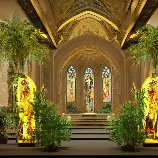 Image similar to cathedral interior with koi pond in the middle surrounded by palm trees, ivy, flowers, tropical plants, neon glow, gold lining, glossy gold statue, roses, and with archways. style leonardo + year 1 8 2 5, two men, rendered in octane render with photorealistic lighting