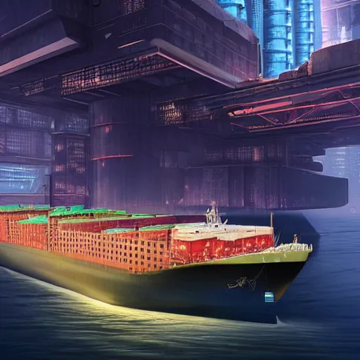 Image similar to photo of Immense industrial futuristic cargo ship arrives at cyber punk city sea port, cinematic lighting, photo