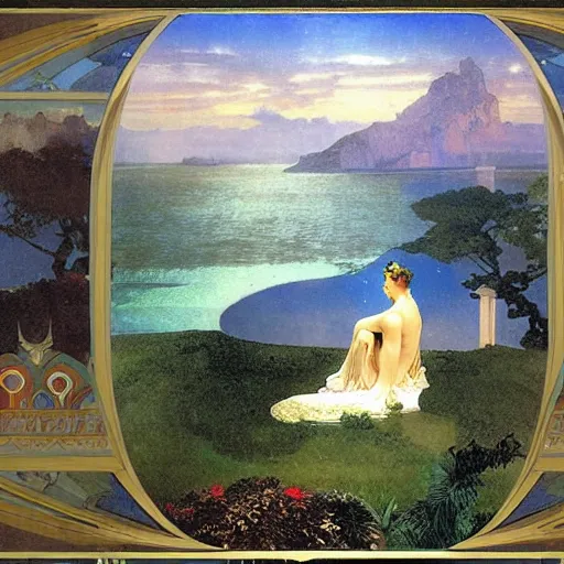 Image similar to The palace on the clouds, moon reflecting on the water, thunderstorm, greek pool, beach and Tropical vegetation on the background major arcana sky, by paul delaroche, alphonse mucha and arnold böcklin, hyperrealistic 8k, award-winning, very very very detailed