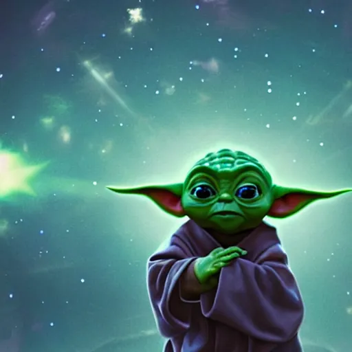 Image similar to baby yoda floating in space, stars in background, cinematic, highly detailed, realistic