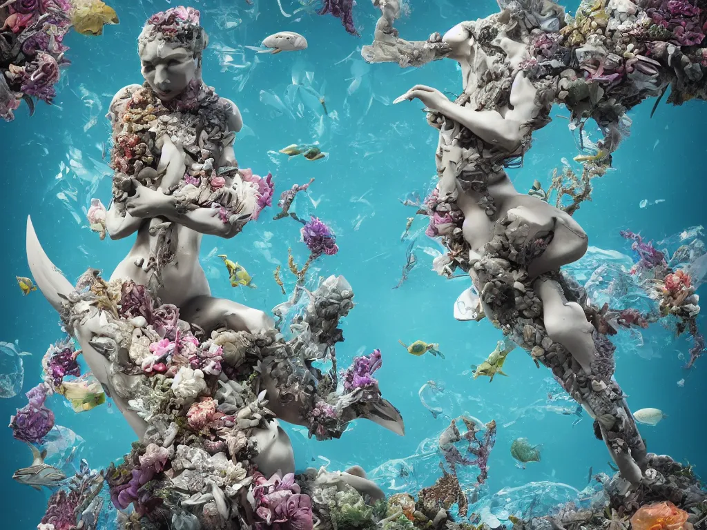 Image similar to a sculpture of ocean shark intertwined, a lovely cornucopia of flowers and human body parts, body parts, highly detailed, octane render, cinematic