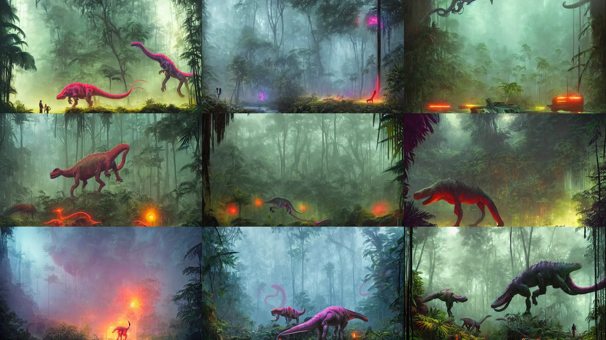 Prompt: neon dinosaur in a foggy jungle by magali villeneuve and greg rutkowski