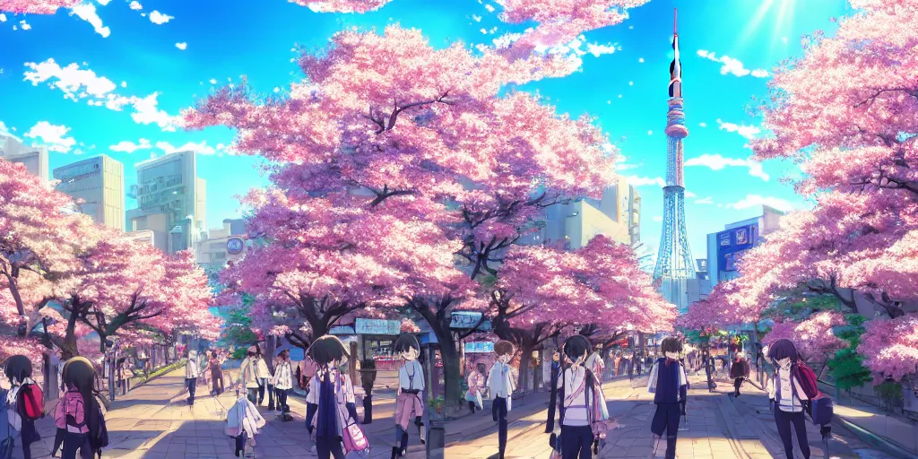 Image similar to anime style cityscape, spring season anime city, cherry blossoms in the wind, day time, sun high in the sky, sun glare, clear weather, blue sky, tokyo japan, people walking, high detail and very sharp, detailed shading, artstation, wallpaper, kyoto animation productions, a silent voice