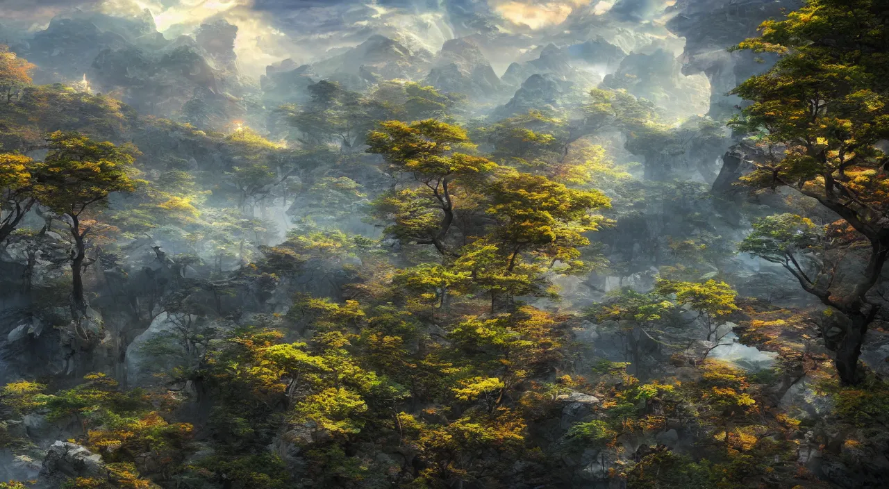 Prompt: lanscape, concept art, dramatic color, terragen, korean light novel, 8 k 3 d, atmosphere, japenese light novel cover