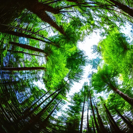 Prompt: photo of a tree on a forest landscape, fisheye lens,