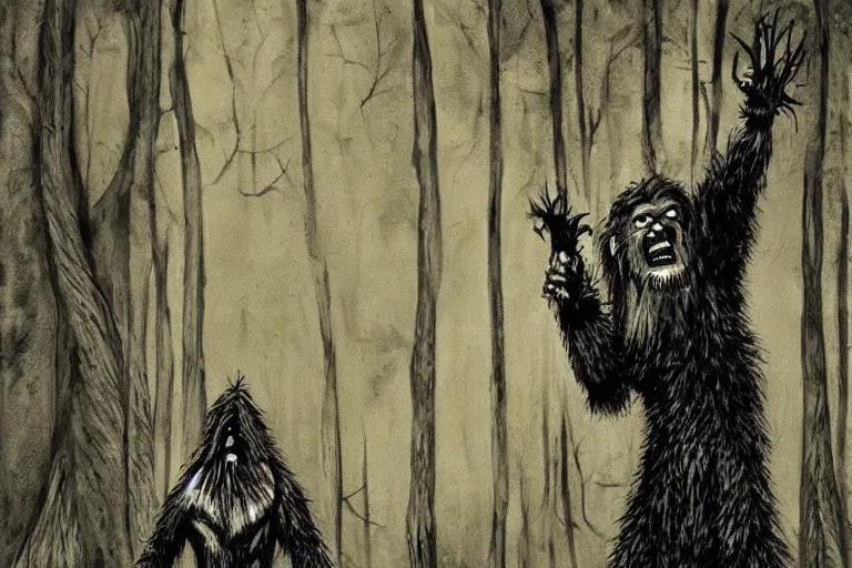 Image similar to mad bigfoot screaming in the woods artwork by ben templesmith