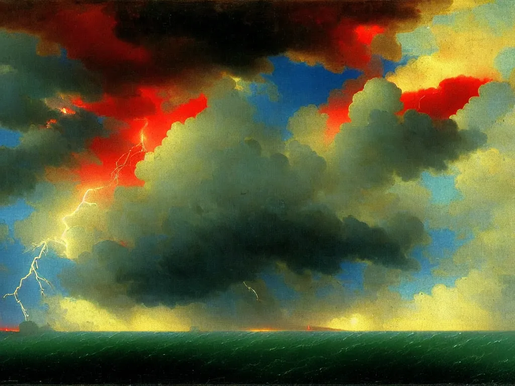 Image similar to lightning strikes a close up of a dark cloud with a cloudy sky blue and red and green colors by aivazovsky