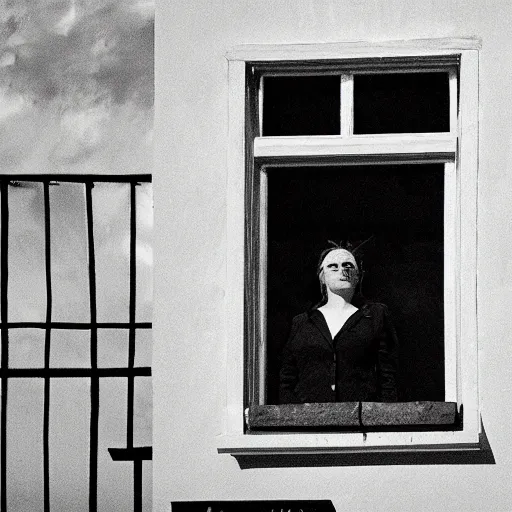 Prompt: A woman looks out the window, the ocean behind her, a seagull, the sky. She is in a pantsuit, white, she has long hair braided, black, Edward Hopper style