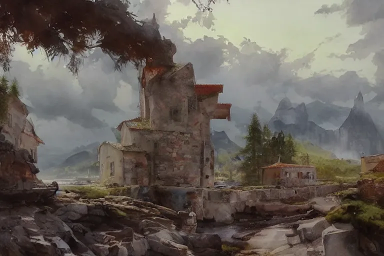 Prompt: watercolor painting of rustic view, murals and ruins, scandinavian mythology, magical, ambient lighting, art by hans gude, art by hans dahl, by jesper ejsing, art by anders zorn, wonderful masterpiece by greg rutkowski, cinematic light, american romanticism by greg manchess, creation by tyler edlin, heavy clouds and sun