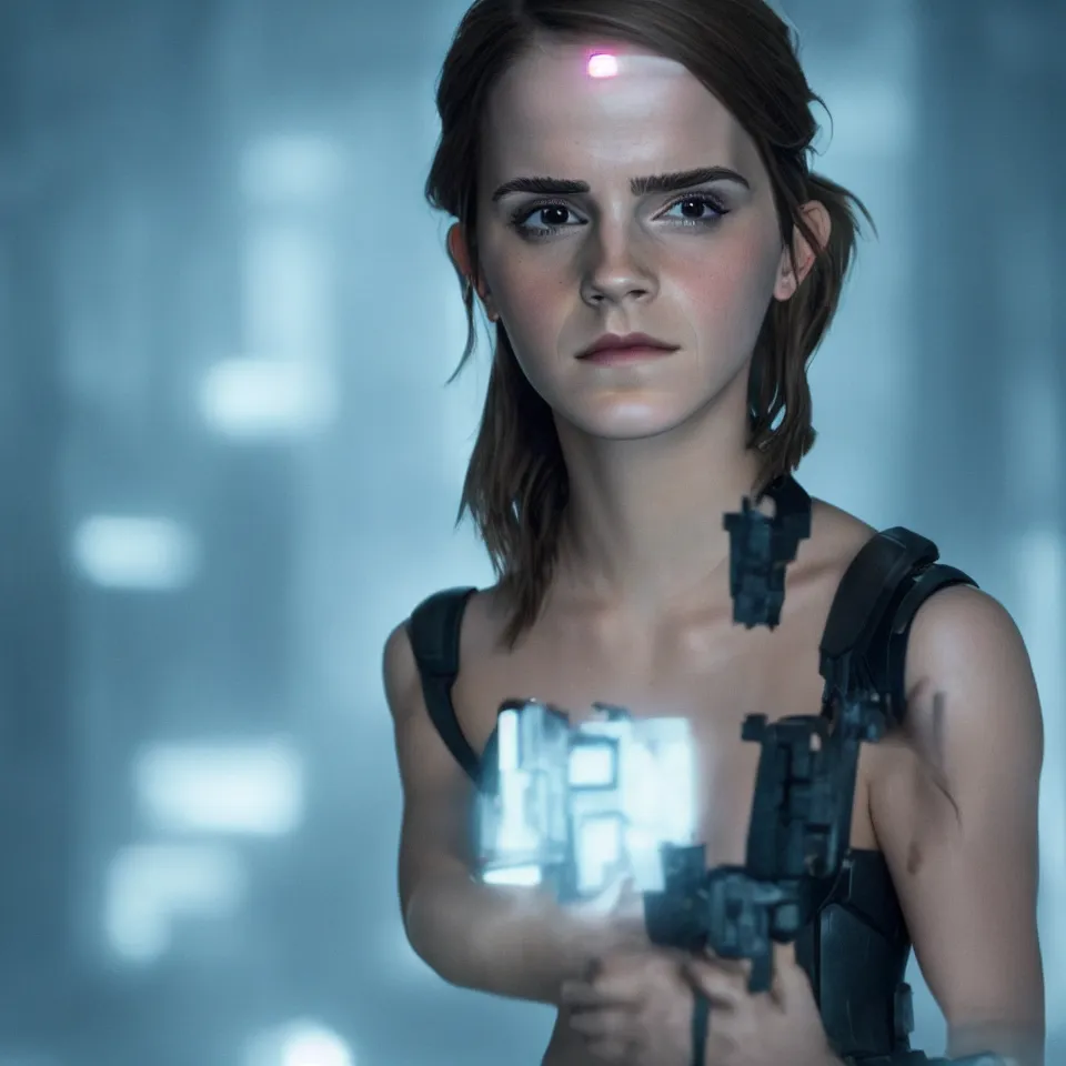 Image similar to Peaceful Emma Watson wearing cyborg prosthetics in the style of Blade Runner 2049 (2017). Clear Hands. Clear body. Black Clothes. Rivendel Background. Cinematic. Professional Photo. UHD. 8k. Clear Face.