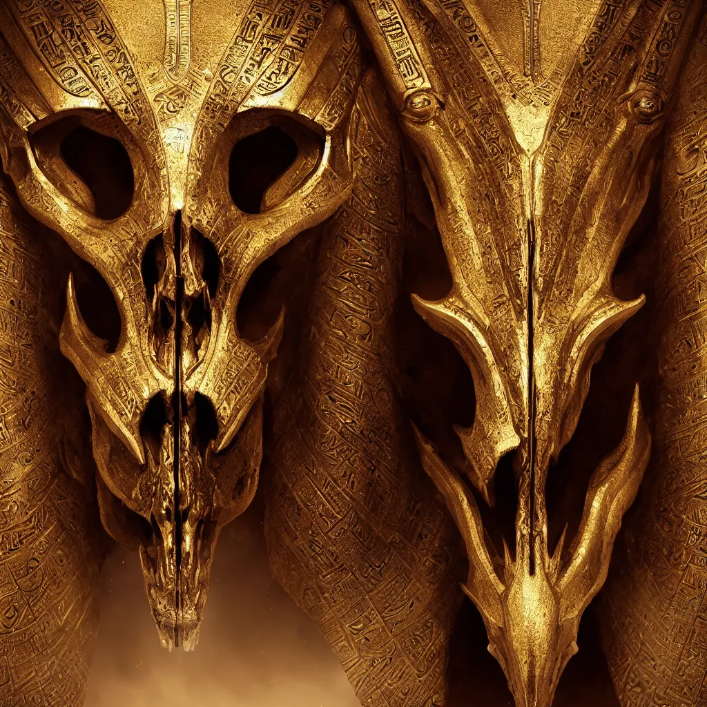 Image similar to Photorealistic epic egyptian god face close-up portrait ram skull, jackal skull, gold. ominous, ancient magic, intricate artwork by Tooth Wu and wlop and beeple and ryohei hase. octane render, trending on artstation, greg rutkowski very coherent symmetrical artwork. cinematic, hyper realism, high detail, octane render, 8k