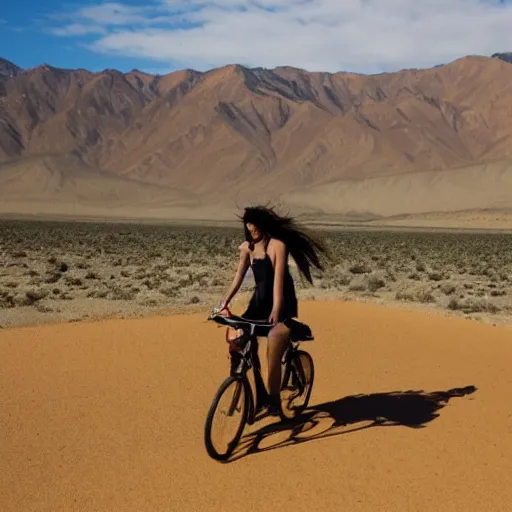 Image similar to the perfect woman riding a bike in the dessert, its raining green acid that melts the mountains around