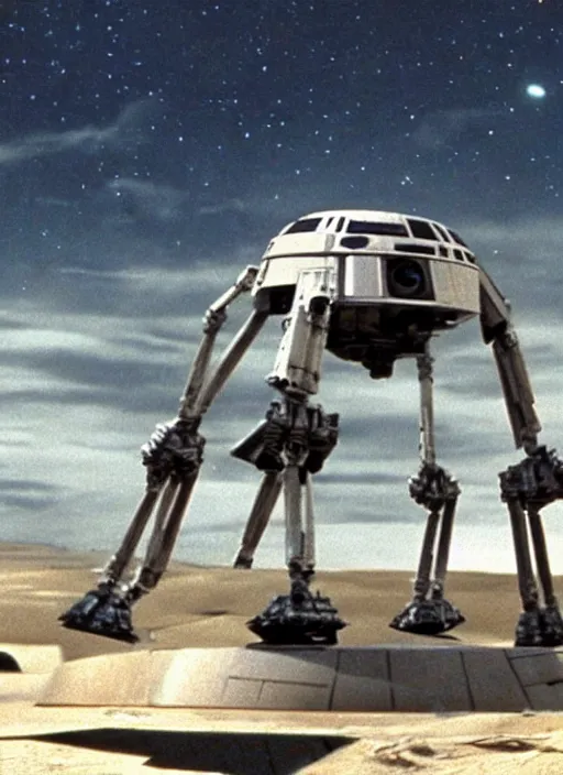 Image similar to screenshot of a wide shot looking up at a star wars AT-ST on a trash planet, from the 1970s film by Stanley Kubrick, brutal, iconic scene, stunning cinematography, hyper-detailed, sharp, anamorphic lenses, kodak color, 4k, stunning