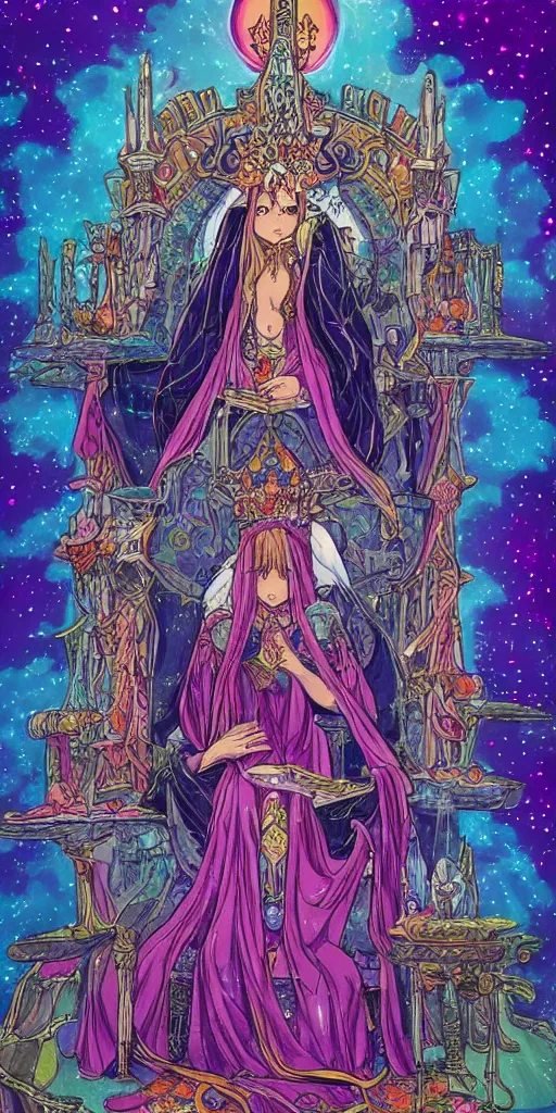 Image similar to a mystical woman priestess sitting on a throne, the divine feminine, drawn by studio UFOTABLE, psychedelic, pastel colors, Tarot cards. The empress tarot card, detailed, anime