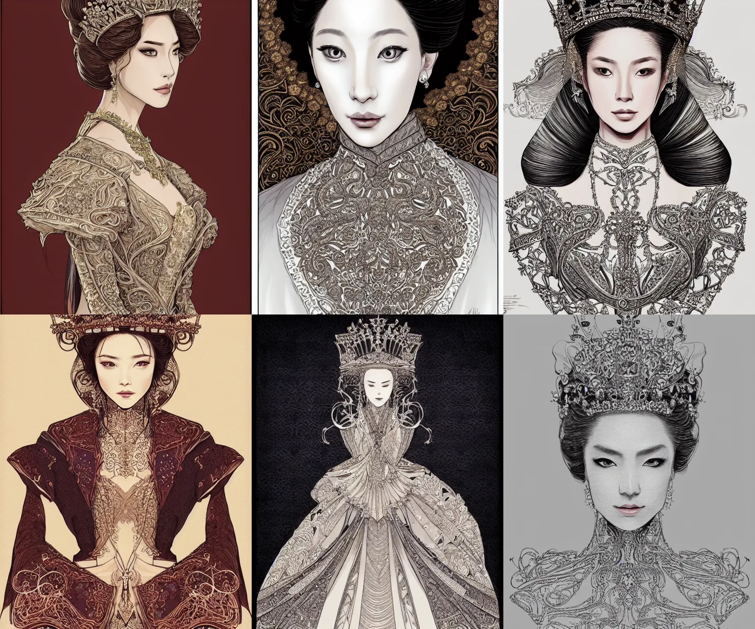 Prompt: portrait of a queen, elegant, fancy clothing, intricate linework, full - color, beautiful, mesmerizing, concept art, highly detailed, artstation, trending, behance, deviantart, by hideyuki morioka, akio watanabe, ito ogure, vofan