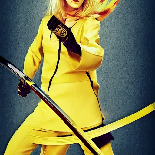 Image similar to kill bill movie poster with uma thurman swinging katana by tarantino, wlop and artgem, beautiful portrait, enhanced eye detail, exquisite hair and body